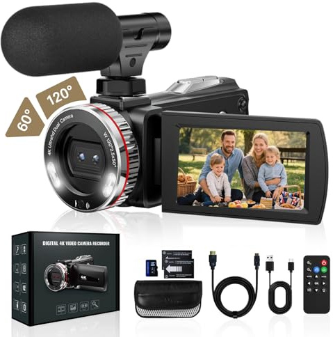 Euiivnt 4K Camcorder Video Camera, Vlogging Camera for YouTube with External Mic, Digital Zoom & 3.0” Flip Screen, 2 Batteries, 64GB Card & Remote Control (48MP CAM)