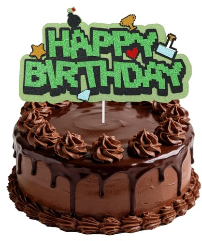 SAVITA Pixel Happy Birthday Cake Topper, 8.27x4.72in/21x12cm Pixel Birthday Cake Decorations Green Video Game Theme Party Favors Supplies for Kids Boys Girls