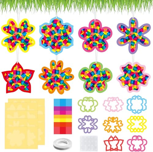 Kaluofan Bastelset Frühling Kinder,16 Stück Blumen fensterbilder basteln | Frühling Bastelset Farben,DIY Frühlingsdeko fensterbilder basteln kinder mit 16 Fensterbilder,4 Farben Konfetti