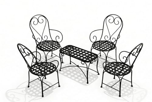 Kapaga - Bistro-Set Schwarz, 5-teiliges - 4 Stühle und rechteckiger Beistelltisch – handgefertigtes Metall im kunstvollen Schmiededesign für Garten, Balkon und Terrasse - RAL Farben