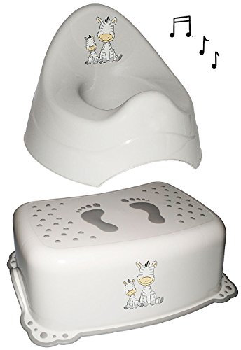 alles-meine.de GmbH 2 TLG. Set: Trittschemel + Töpfchen/Nachttopf - mit Musik/Sound - groß - mit großer Lehne + Spritzschutz - Zebra - grau - Babytöpfchen/Kindertopf / ..
