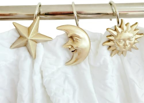 Twofishes 12 PCS Fashion Decorative Home Bathroom Vintage Style Gold Shower Curtain Hooks Rings (Sun: Gold ; Star:Gold ; Moon:Gold)