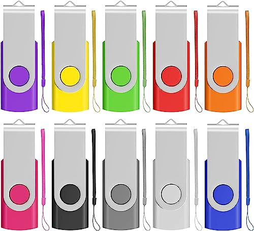 EASTBULL 16GB USB 2.0 Flash Drive 10 Pack Swivel Design Pen Drive Bulk Photo Memory Stick Fold Storage with Lanyard (10 Mixed Colors)