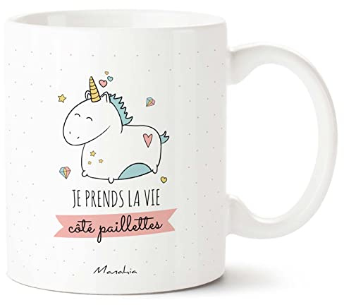Manahia - Mug Licorne - Je prends la vie côté paillettes - Cadeau amie | Tasse copine positive - Cadeau licorne, amie, anniversaire & Noël Secret Santa| Boîte cadeau kraft - Imprimée en France