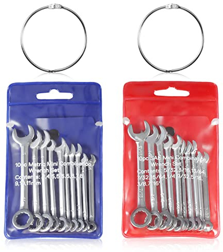 LEONTOOL Small Wrench Set Metric And SAE 20 Pcs Mini Wrenches Open End Box End Wrench Set with Key Rings, Metric 4-11mm And SAE 5/32 To 7/16 Inch, Ignition Wrenches Labor Day Gifts Tool Gift for Men