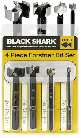 Fisch Black Shark Forged Steel Forstner Drill Bit Set for Woodworking, Precision Wave Design, Clean Cuts in Hardwoods, MDF, and Plywood, Made in Austria (4 Pcs. Set Inc.(1/4 to 1) in Blister Pack)