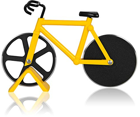 flintronic Fahrrad Pizzaschneider, Pizza Cutter, Edelstahl Pizza Schneider Lustige Pizzaroller aus Antihaftbeschichtetem, Doppel Pizza Cutter mit Ständer für Weihnachten Party Geschenke (Gelb)