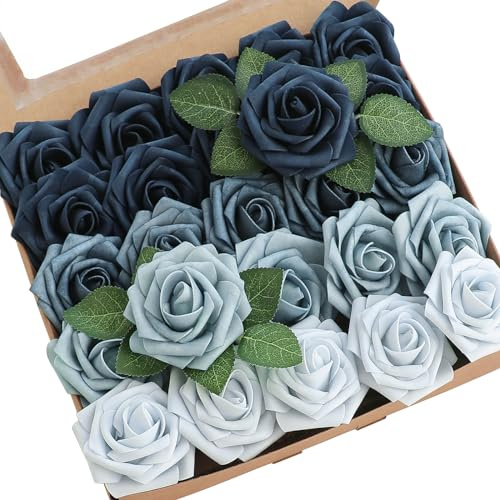 Floroom Artificial Flowers 25pcs Real Looking Dusty Blue Ombre Colors Foam Fake Roses with Stems for DIY Wedding Bouquets Bridal Shower Centerpieces Floral Arrangements Party Tables Home Decorations