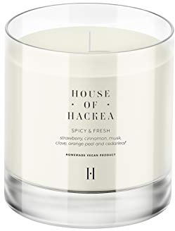 House Of Hackea Luxury Vegan scented candle. SPICY & FRESH, Fir Needle, Orange Peel, Strawberry, Hyacinth, Patchouli, Musk, Vanilla, 100% Natural, Soy Wax Candle in a 30cl reusable Glass Jar