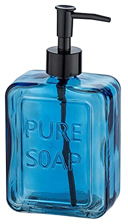 WENKO Seifenspender Pure Soap, nachfüllbarer Flüssigseifenspender aus hochwertigem Glas, großzügiger Desinfektionsmittelspender für Küche, Bad und Gäste-WC, Füllmenge 550 ml, 9,5 x 20 x 6 cm, Blau