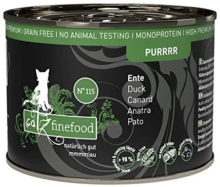 catz finefood Purrrr Pato Monoproteína Comida húmeda para Gatos N° 115, para Gatos sensibles a la nutrición, 70% de Carne, 6 latas de 200 g