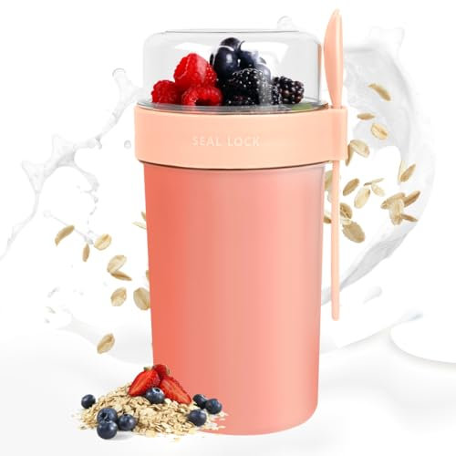 Aurasky Porta Yogurt con Cuchara Y Tapa, Contenitore Yogurt cereali da asporto, Porta Yogur y Fruta Vaso de Cereales 230ml+760ml Rosa