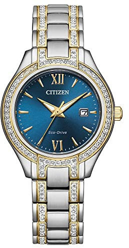 Citizen Ladies Eco-Drive Crystal Eco Watch, Two Tone Gold Stainless Steel Watch, 3-Hand Date and Blue Dial (Model: FE1234-50L)