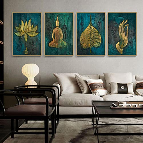 OCEANGOD Poster Vintage Buddha Art Leinwand Gemälde Spirituelle Yoga Hand Wandkunst Bilder für Innendekoration 30x40cmx4pcs Rahmenlos