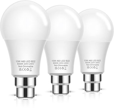 Flaspar Bayonet Light Bulbs, 100W Equivalent B22 LED Bulbs Bayonet, 6000K Cool White, 1200LM, 13W Daylight Bulbs BC GLS A60 Energy Saving for Chandelier, Living Room, Non-dimmable, Pack of 3