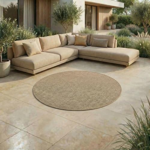 Jimri In- & Outdoor Teppich - Wetterfester Teppich für Balkon, Terrasse, Garten, Wohnzimmer, Küche - Strapazierfähiger Bodenteppich, Widersteht UV-Strahlen & Wasser - Größe 120 cm Rund, Beige