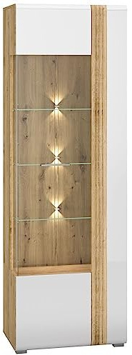 Lomadox Wohnzimmer Vitrinenschrank Vitrine Schrank Wohnzimmerschrank Eiche Castello Nb. mit Hochglanz weiß, MDF Front mit edler Fräsung, LED Beleuchtung, B/H/T: ca. 65/196/42 cm
