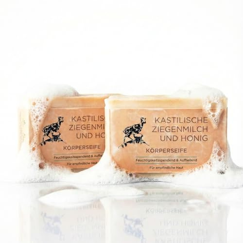 TBS Ziegenmilch- und Honigseife 2 x 100 g für trockene und empfindliche Haut, Ekzeme und Psoriasis, handgefertigt mit Shea- und Kakaobutter, Vitamin E, parabenfrei, Gesichts- und Körperseife
