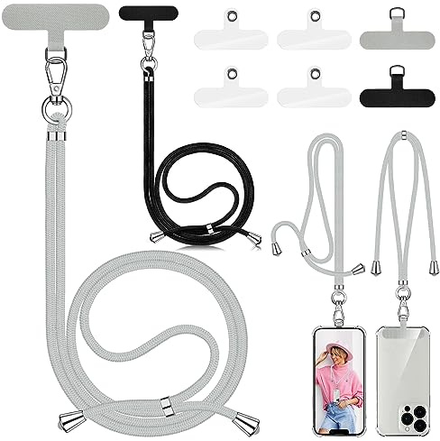 Eurtes 2 Stück Handykette Universal, Einstellbares Handyband zum Umhängen, Handyschnur Schlüsselband mit 6 Patch Geeignet Alle Smartphone, Handyhülle Handy umhängeband Lanyard (Schwarz + Hellgrau)