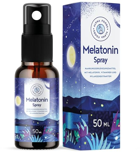 Melatonin Spray Hochdosiert - 400 Tage Vorrat (50ml) - mit Baldrian, Passionsblume, Melisse, Lavendel, Vitamin B6 & B1 - ohne Alkohol - Vegan - Himbeer-Geschmack - Alpha Foods