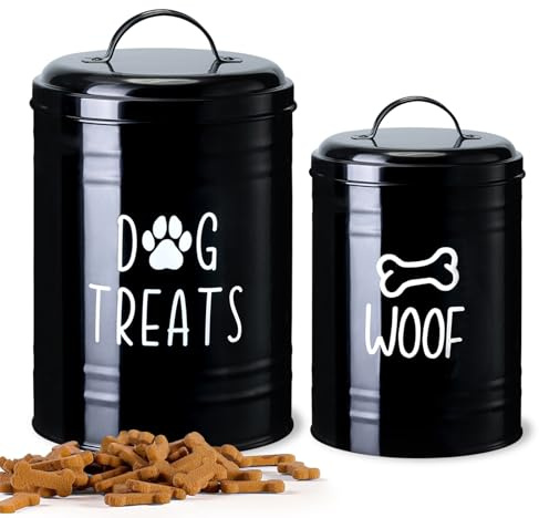 NIXBYO Hundeleckerli-Behälter, Leckerli-Behälter mit luftdichtem Deckel 2 Stück - 9x5.5'' & 7x4'' Metall-Hundekeksdose für Landhaus Küche Tresen, Hundesnack-Aufbewahrungsbox (Schwarz)