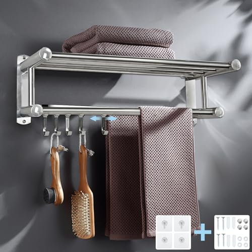 CRITIVE-SHOP Toallero de baño montado en la pared, toallero de acero inoxidable, estante de baño, toallero de baño con 5 ganchos de actividad, estante de almacenamiento para toallas, doble accesorio