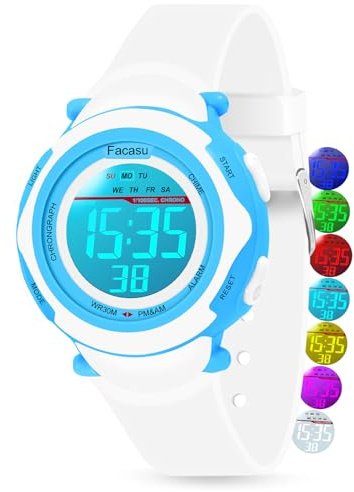 Facasu Reloj Digital Infantil Resistente al Agua, con Luces Coloridas para Deportes y Aire Libre, Cronómetro y Alarma, Regalo para Niños y Niñas (Blanco)