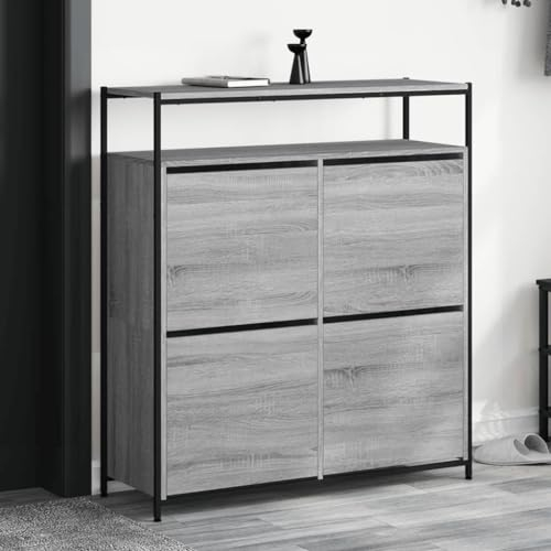 CINDERFUL Schuhschrank mit 4 Klappen Grau Sonoma 100x34x112 cm,Schicker Schuhkipper in Sonoma Eiche für mehr Ordnung in kleinen Wohnungen