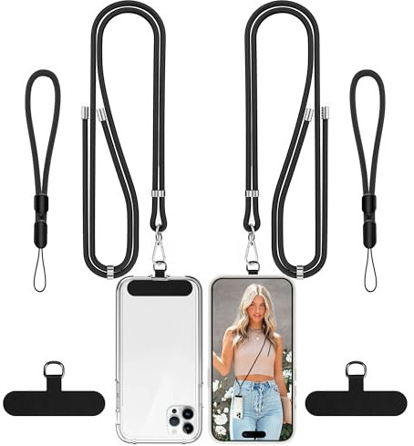 COCASES Phone Lanyard Crossbody 2 Pack Adjustable Anti-Theft Strap Crossbody and 2 Pack Wrist Strap for Neck Strap iphone Lanyard Compatible with Most Mobile Phone-2 Patches Black*2