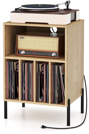 KOMFOTTEU Meuble Platine Vinyle avec Station de Charge, Support de Tourne-Disque, avec 5 Compartiments Ouverts, Meuble Tourne-Disque, pour jusqu'à 150 Albums, 53 x 45 x 78,5 cm (Naturel)