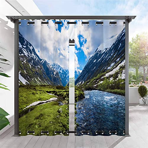 Wasserdichte Outdoor-Vorhänge mit Ösen, oben und unten, Motiv: Fluss, Schnee, Berg, 2 Paneele, 132 x 213 cm, ideal für Garten, Terrasse, Pavillon, Pergola, winddicht und Naturlandschaft Design
