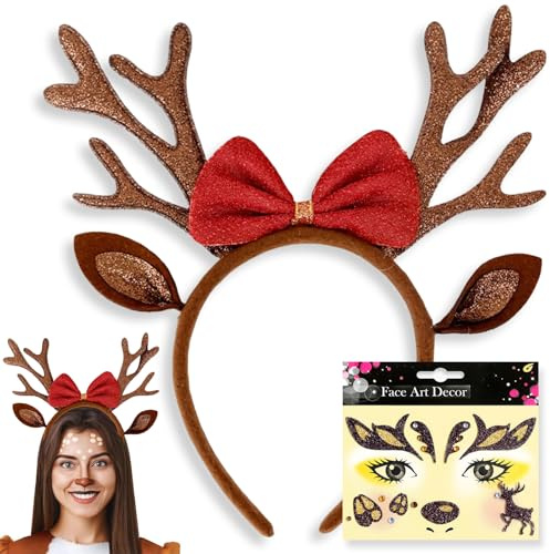 Axinyijia Haarreif Weihnachten Reh Ohren Rentier Haarreif, Reh Kostüm Zubehör mit Gesichtstattoo für Damen, Reh Rentier Stirnband für Karneval Fasching Mottoparty Cosplay Weihnachts Haarschmuck