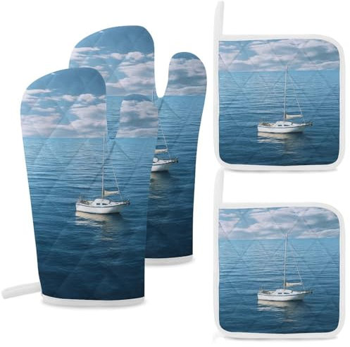 Set di 4 guanti da forno e presine con stampa di barca bianca sul mare blu, resistenti al calore, guanti da forno extra lunghi e cuscinetti caldi, guanti da cucina antiscivolo, presine in poliestere