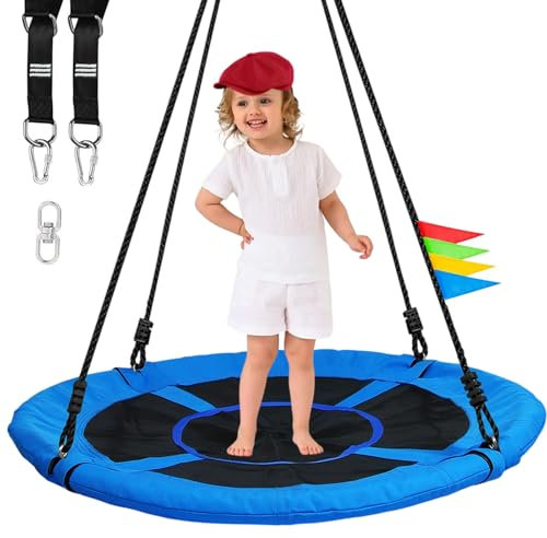 Joytential Altalena da Giardino per Bambini, Capacità Massima 320kg, Diametro 100cm, Altalena Rotonda a Nido per Cortile Esterno e Interno, Tessuto Textilene, Sedile Rotondo (Blu)