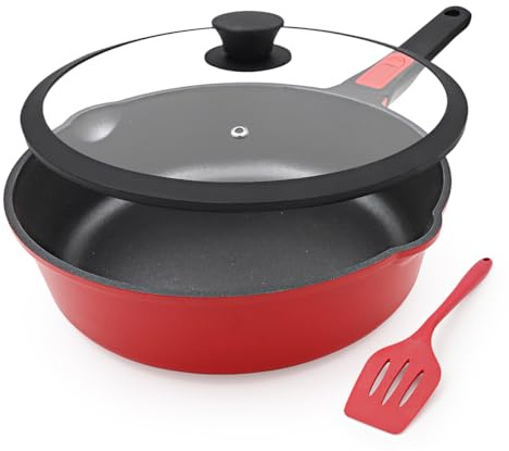 Bobikuke 28cm Nonstick Deep Frying Pan with Lid, Aluminum Non-Stick Skillet with Detachable Handle, Saute Pan Non Toxic for All Stoves-Without PFOA|Anti-Scratch