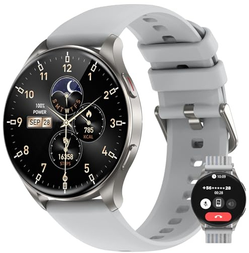 IOWODO Smartwatch Damen Herren 2025 (Rund 1.43 AMOLED) | Bluetooth Anrufe + 380mAh Akku (7 Tage) | 2 Armbänder | IP68 Wasserdicht | 100+ Sportmodi | 24/7 Puls+SpO2+Schlafanalyse | iOS/Android