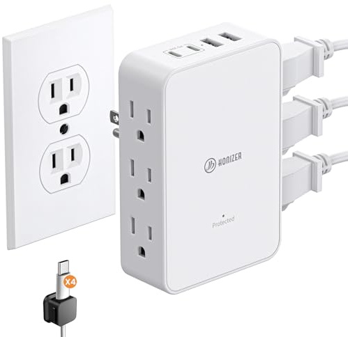 HONIZER Outlet Splitter with 6 AC Side Outlets, Flat Wall Outlet Extender with PD 20W USB C, 3-Sided Electrical Outlet Extender with 4 Cable Clips for Behind Couches, Nightstands, Desks, TV
