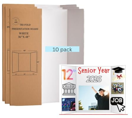 PJ Goods 10 Pcs White Folding Tri Fold Poster Board 91cmx121 (36 x 48) for Science Fair Presentation Displays, School Projects, Business Displays, 4H, Sports, Graduations, Foldable and easy to carry.