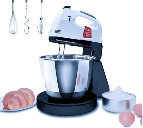 Stand Mixers, 7 Speeds With 3QT Stainless Steel Bowl, Stand and Hand Mixer with Dough Hook, Whisk, Mixing Beater for Baking, Cake, Cookie, Kneading (SR1)