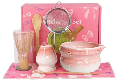 Matcha Set with Bowl 8 Piece Pink Matcha Kit Including Whisk, Scoop, Spoon, Holder, Sifter & Tea Cloth Matcha Gift Set