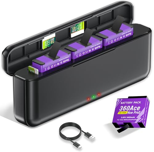 CITYORK 3-slot charger and 2PCS 2400mAh battery Compatible with Insta360 Ace/Ace Pro/Ace Pro 2, Replacement battery for Insta360 Ace/Pro battery charger kit Accessories With LED display and USB cable
