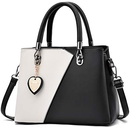 I IHAYNER Womens Leather Handbag Top Handle Tote Satchel with Personalized Initials Contrast Color Shoulder Bag for Ladies Black
