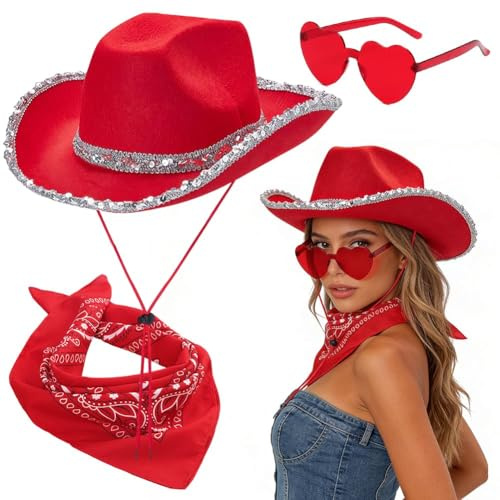 FCXVXCL Cowgirl Hut Western Cowboyhut Zubehör Set | Accessoires mit Sonnenbrille und Kopftuch für Kostümpartys Maskeraden Mottoparty