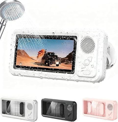 Aakluk Aqua Play - Supporto per cellulare con altoparlante, girevole a 360°, impermeabile, anti-appannamento, per specchio da bagno, parete, auto, cruscotto
