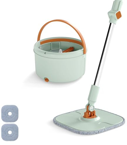 COSTWAY Ensemble Balai Serpillière Seau Essoreur, Tête Plate Rotatif 360°, Panier Essoreur avec Poignée, 2 Lingettes Lavables Réutilisable, Nettoyage Rapide pour Usage (Plus Balai-2 Serpillères-Vert)