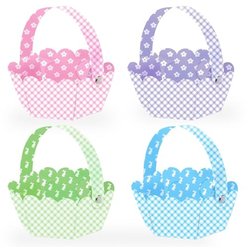 Dazejin 12 Pcs Easter Baskets for Kids, 4 Color DIY Easter Egg Basket with Handle, Paper Crafts Gift Basket Supplies, Party Favors Gift Candy Baskets for Mini Eggs, Chicks, Sweets, confettis