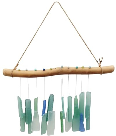 Sea Glass Wind Chime, Handgefertigtes Meeresglas Holz Windspiel, Wetterfeste Hänge Dekoration Für Garten, Terrasse, Balkon, Rasen,Zuhause 35x30x1,8cm