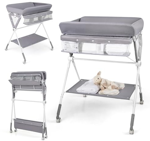 COSTWAY Table à Langer Pliante pour Bébé avec Roulettes (Gris) | Station Organiseur Mobile Portable Réglable en Hauteur sur 3 Niveaux avec Étagère et Panier pour Nouveau-nés