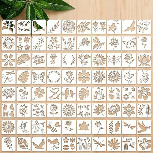 Bafutayawa 80 Stück Schablonen Set, 7.6x7.6cm Wiederverwendbare Blumen Schmetterling Malschablonen, Natur Vorlagen für Wandgestaltung Textilgestaltung
