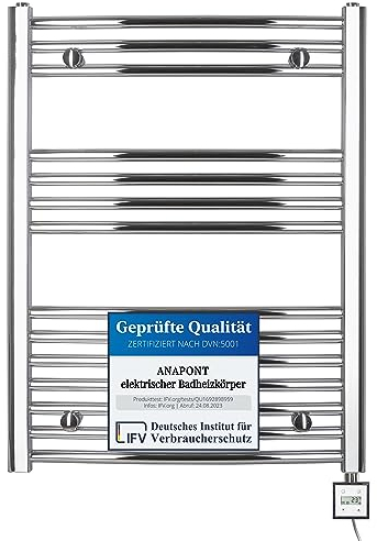 anapont elektrischer Badheizkörper - chrom gebogen - Timer-Funktion - Handtuchheizkörper - Badheizung elektrisch - Handtuchheizung - Made in Germany (KTX-3, 775h x 600b)